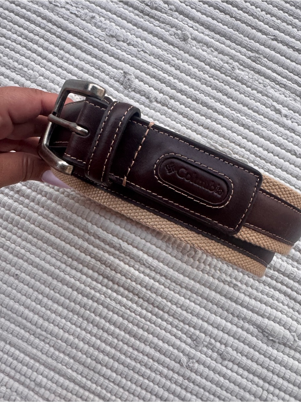 Columbia Genuine Leather & Canvas Belt Brown Tan Size 36/90 - Picture 2 of 12